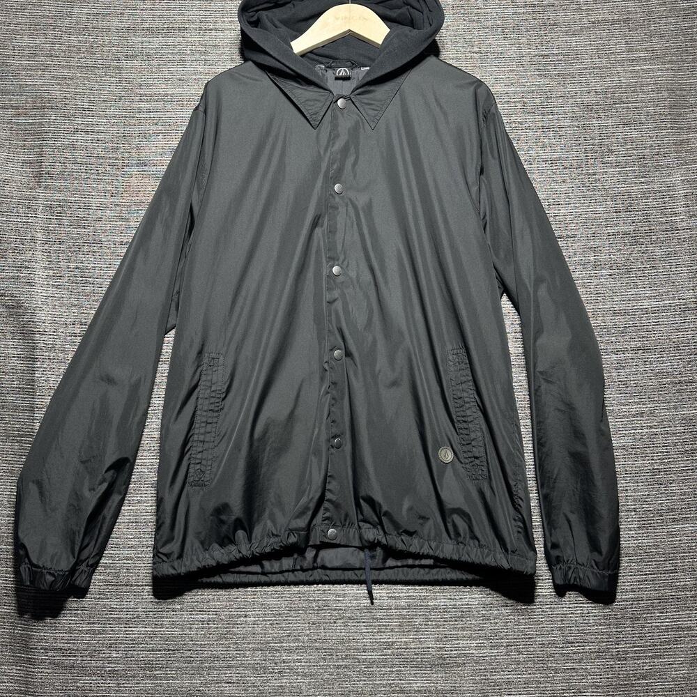 Volcom Windbreaker Jacket Men's XL Black Snap Closure Rain Hooded
